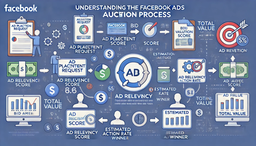 infographic-style illustration explaining the Facebook Ads auction process.